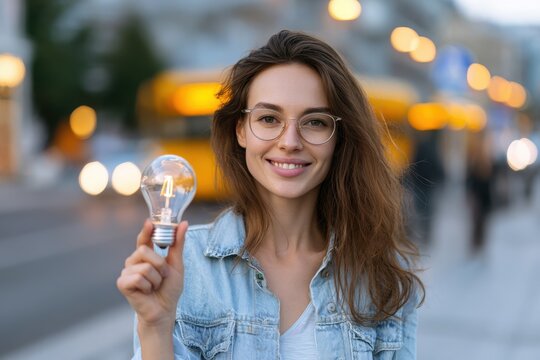 Energy saving idea Happy young woman promoting new LED technology