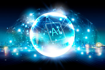 Artificial intelligence ai and cityscape background. Blue ai hologram on blurry city background artificial intelligence machine learning concept