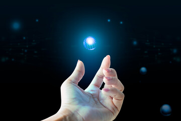 Hands holding circle interacting with AI prompt interface, symbolizing artificial intelligence integration. Hand conjuring energy orbs in the cyber universe.