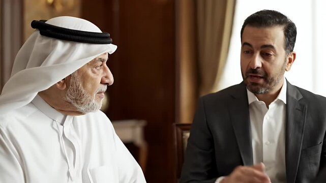 Middle-eastern man in traditional attire speaking during a meeting indoors