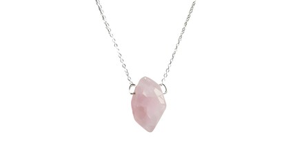 Rose quartz crystal pendant on silver chain isolated on white