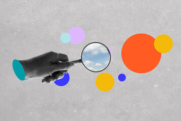 A female hand holding a magnifying glass and speech circle isolated on a white background. Art collage digital pop modern art