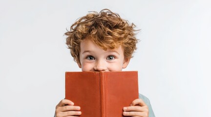 Grinning child examining a book on a white backdrop