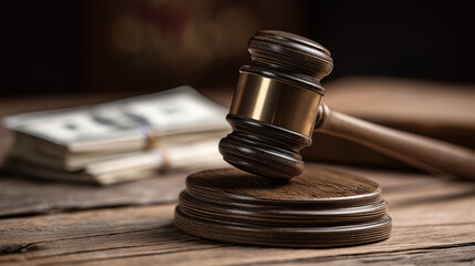 A wooden gavel placed on a table with dollar bills behind it, illustrating the tension between justice , bribery and corruption.