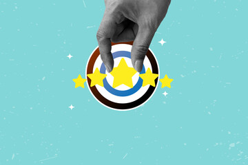 Halftone hand pressing on star. Customer review. User rates a product online. Give feedback, Art collage digital pop modern art