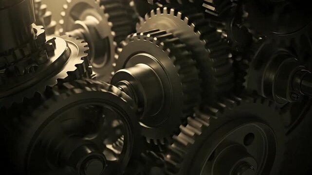 Close up of interlocking gears in motion technology and mechanical concept