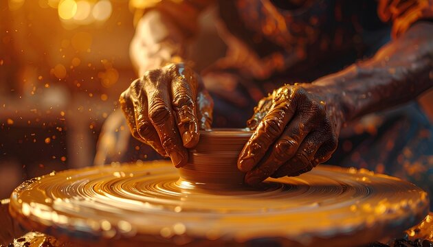 Close-up of artisan shaping clay on a pottery wheel under warm sunlight - Powered by Adobe