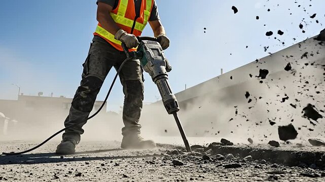 Construction worker operating a jackhammer breaking up concrete surface
