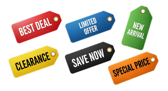 A collection of colorful flat vector-style retail tags for e-commerce, featuring promotional messages like "Best Deal," "Limited Offer," and "Save Now.