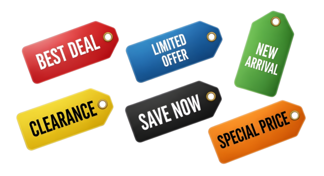 A collection of colorful flat vector-style retail tags for e-commerce, featuring promotional messages like "Best Deal," "Limited Offer," and "Save Now.