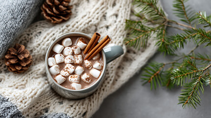 Fototapeta premium Overhead view of hot cocoa topped with overflowing marshmallows and cinnamon sticks, surrounded by pine branches and cozy blankets.