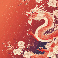 Fototapeta premium chinese dragon, astral background, chinese zodiac background, cherry blossoms, flowers, chinese new year , vector style simple color