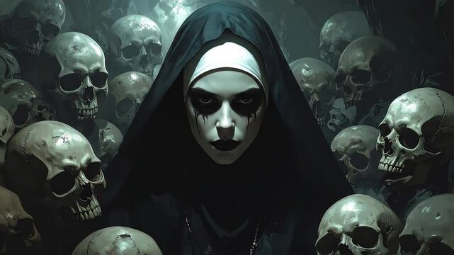 A nun with dark eye makeup stands amidst a sea of skulls, creating a haunting and eerie atmosphere.