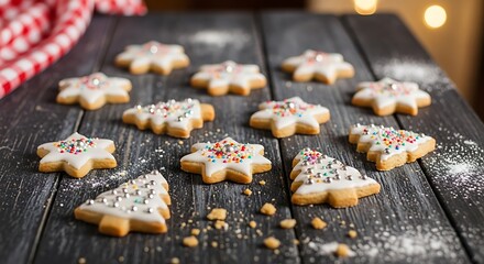 A collection of festive Christmas cookies, some shaped like stars and others like Christmas trees, are artfully arranged on a dark wooden surface, dusted with powdered sugar.