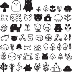 Simple doodle animal face icons set isolated on white background