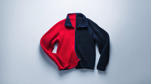 reversible. A reversible jacket lying on a plain surface, one side blue and the other red. lifestyle magazines, social media lookbooks, designed for lifestyle magazines and social media content.

