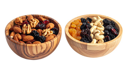 Wooden Bowl with Mixed Nuts and Dried Fruits in Two Variations, isolated on transparent background