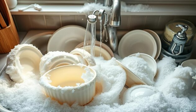 A sink full of soapy dishes, ready for scrubbing,   reflection, dishes