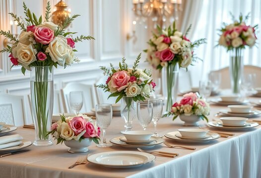 Elegant tablescape with floral centerpieces, fine china, and shimmering linens, drink, food - Powered by Adobe