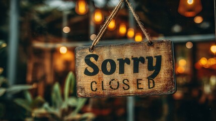 Wooden sign displaying "Sorry Closed" hangs in front of a blurred backdrop with warm lighting and a vintage feel.