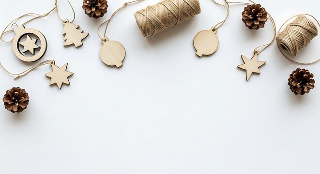 Rustic Christmas ornaments and pinecones arranged on a white background with twine. - Powered by Adobe
