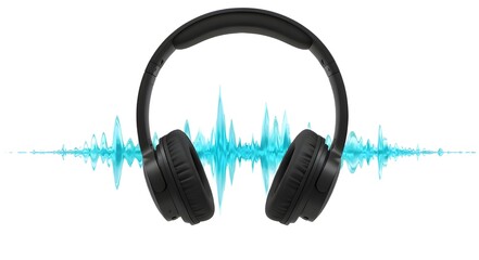 Black wireless headphones with sound wave on white background