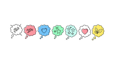 Share your thoughts with modern speech bubbles featuring hearts, stars, and plants, perfect for expressing ideas and emotions in online communication © Nithashi