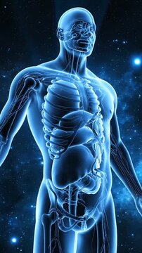 Anatomical Illustration of Human Body with Ribcage and Internal Organs with Blue Lighting in a Medical Style Presentation for Educational Material and Healthcare Content Purposes