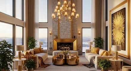Luxurious living room with a grand fireplace, plush sofas, and opulent gold accents, overlooking a snowy landscape.