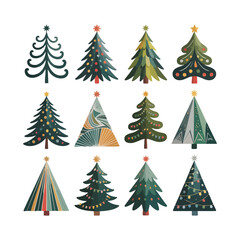 Obraz premium Collection of twelve stylized Christmas trees with stars and lights holiday winter