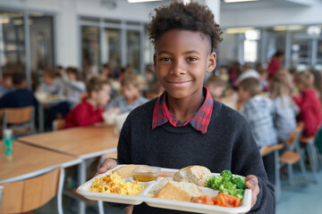 A young boy is holding a tray of food in front of a group of people