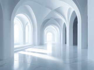 Fototapeta premium Minimalist white interior with arches, skylight, and serene natural lighting