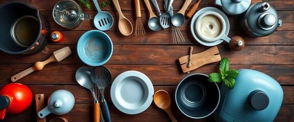 Top view of various kitchen utensils and appliances on a wooden table,  pan,  design