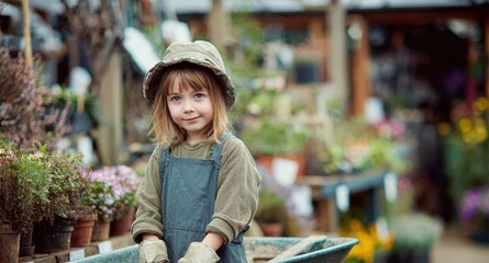 Obraz premium Image of an adorable girl gardener with a wheelbarrow in a garden market