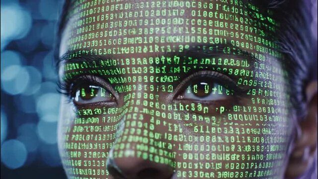 A close-up of a woman's face is shown. A binary code is projected on her face that looks like a green computer code.