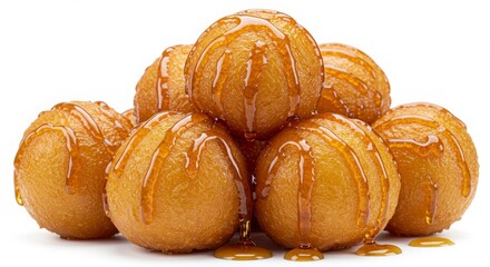 loqaimat cluster drizzled with date syrup isolated on a white background for dessert or food presentation