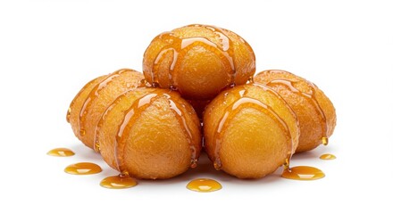 loqaimat cluster drizzled with date syrup isolated on a white background for dessert or food presentation