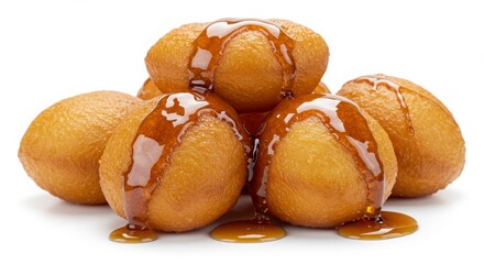 loqaimat cluster drizzled with date syrup isolated on a white background for dessert or food presentation