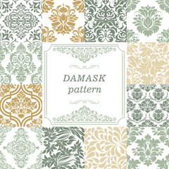Set of Vintage seamless damask pattern. Collection from hand drawn patterns wallpaper in Victorian style. Vintage frame. Vector illustration