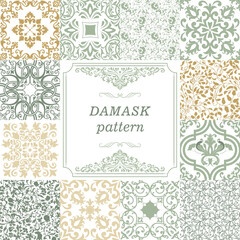 Set of Vintage seamless damask pattern. Collection from hand drawn patterns wallpaper in Victorian style. Vintage frame. Vector illustration