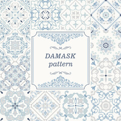Set of Vintage seamless damask pattern. Collection from hand drawn patterns wallpaper in Victorian style. Vintage frame. Vector illustration