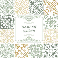Set of Vintage seamless damask pattern. Collection from hand drawn patterns wallpaper in Victorian style. Vintage frame. Vector illustration