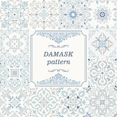 Set of Vintage seamless damask pattern. Collection from hand drawn patterns wallpaper in Victorian style. Vintage frame. Vector illustration
