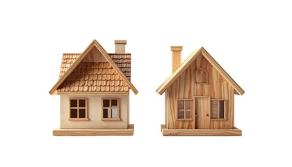 Side view wooden house model duo, isolated on transparent background
