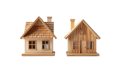 Side view wooden house model duo, isolated on transparent background