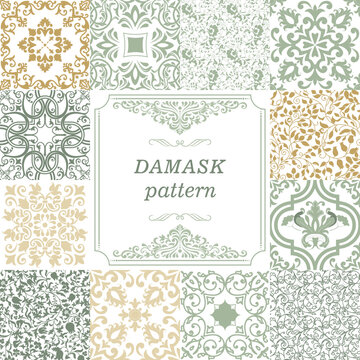 Set of Vintage seamless damask pattern. Collection from hand drawn patterns wallpaper in Victorian style. Vintage frame. Vector illustration
