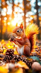 Squirrel gathering pinecones forest wildlife photography autumn close-up nature's bounty