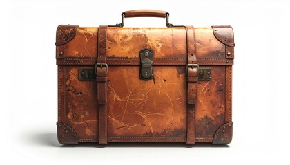 A worn, brown leather suitcase with buckles, straps, and a handle, against a white backdrop