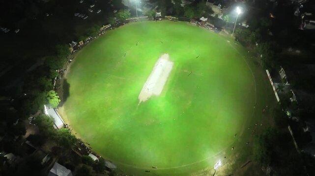 Cricket Ground Drone Night View Under Lights 