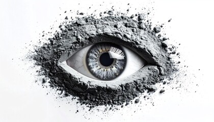 An eye, detailed and realistic, surrounded by gray powder against a stark white background